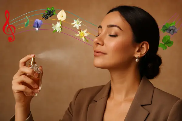 Mulher borrifando perfume no pescoço, representando os acordes perfume com notas florais e frutais no ar.
