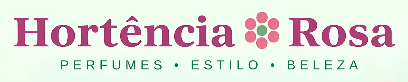 Logotipo da marca Hortência Rosa, com o nome escrito em tipografia elegante na cor rosa, acompanhado de uma flor estilizada e o slogan “Perfumes, Estilo, Beleza”.