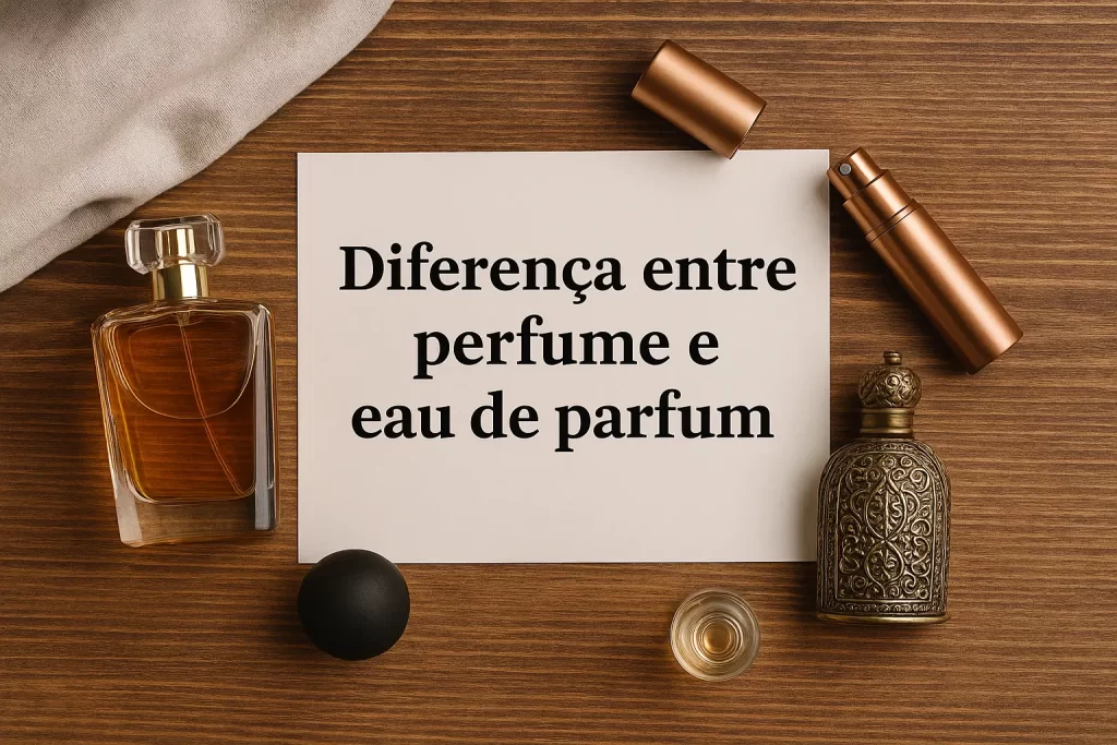 Perfumes e frascos de attar árabe sobre mesa de madeira, ilustrando a diferença entre perfume e eau de parfum
