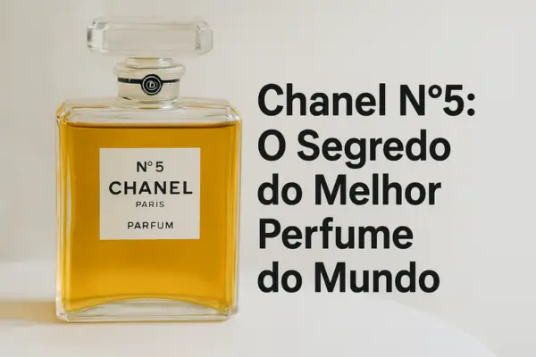 Frasco do perfume Chanel N°5 com líquido dourado sobre fundo claro, acompanhado da frase “Chanel N°5: O Segredo do Melhor Perfume do Mundo”.