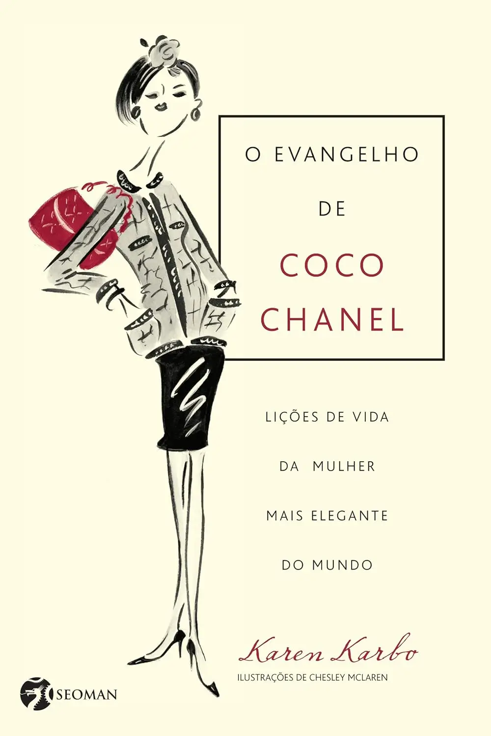 Capa do livro "O Evangelho de Coco Chanel" com ilustração estilizada de mulher elegante, vestida à la Chanel, em traços vermelhos e pretos sobre fundo branco.