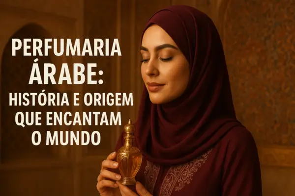 Mulher árabe elegante de hijab bordô segura frasco dourado de perfume tradicional, em cenário com arquitetura islâmica ao fundo, representando a origem e tradição da perfumaria árabe.