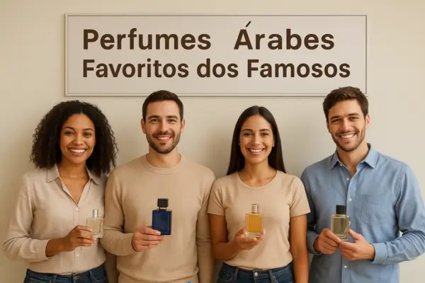 Homens e mulheres sorridentes exibindo fragrâncias em cenário elegante, com banner ao fundo escrito “Perfumes Árabes Favoritos dos Famosos”.