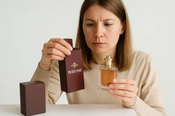 Mulher segurando frasco de perfume árabe em uma mão e na outra a embalagem com selo de autenticidade, ilustrando como identificar fragrâncias originais e ajudar a evitar falsificações.