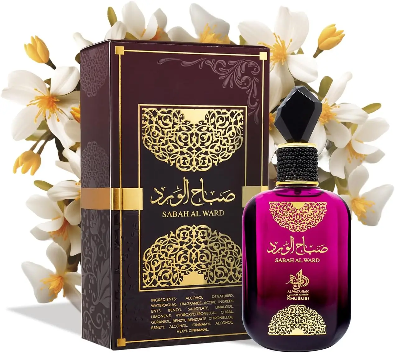 Melhores Perfumes Árabes Femininos: Sabah Al Ward da Al Wataniah, contudo surge em frasco luxuoso com flores.