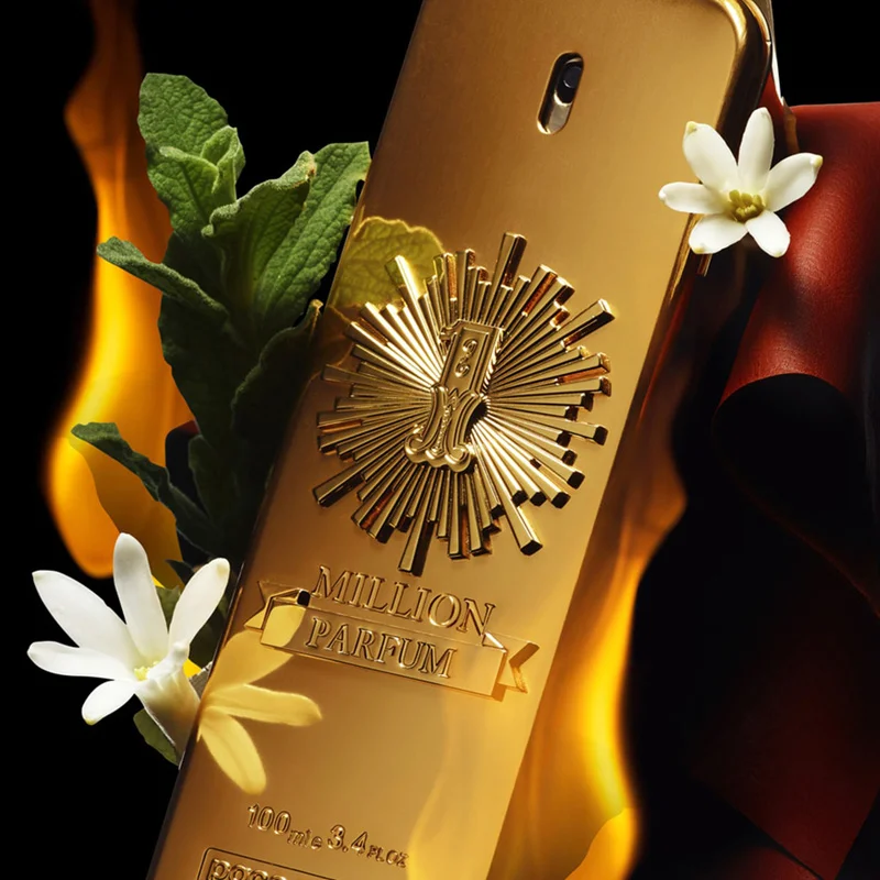 Perfume masculino 1 Million Paco Rabanne, frasco dourado em formato de barra de ouro, fragrância gourmand âmbar especiada com notas de toranja, canela e couro.