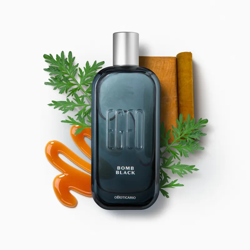 Perfume masculino Egeo Bomb Black – O Boticário, frasco preto fosco com detalhes metálicos, fragrância fougère gourmand com couro e caramelo.