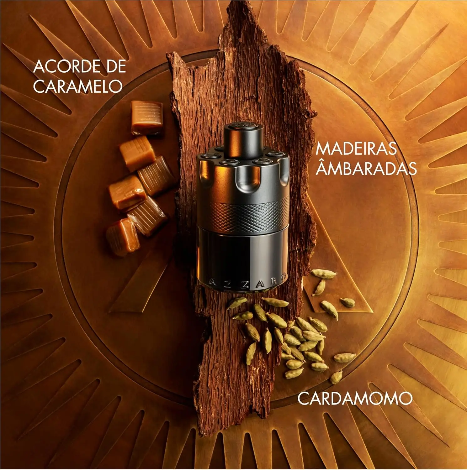 Perfume masculino Azzaro The Most Wanted – frasco preto fosco em formato de tambor, aroma gourmand amadeirado com cardamomo, toffee e madeira de âmbar.