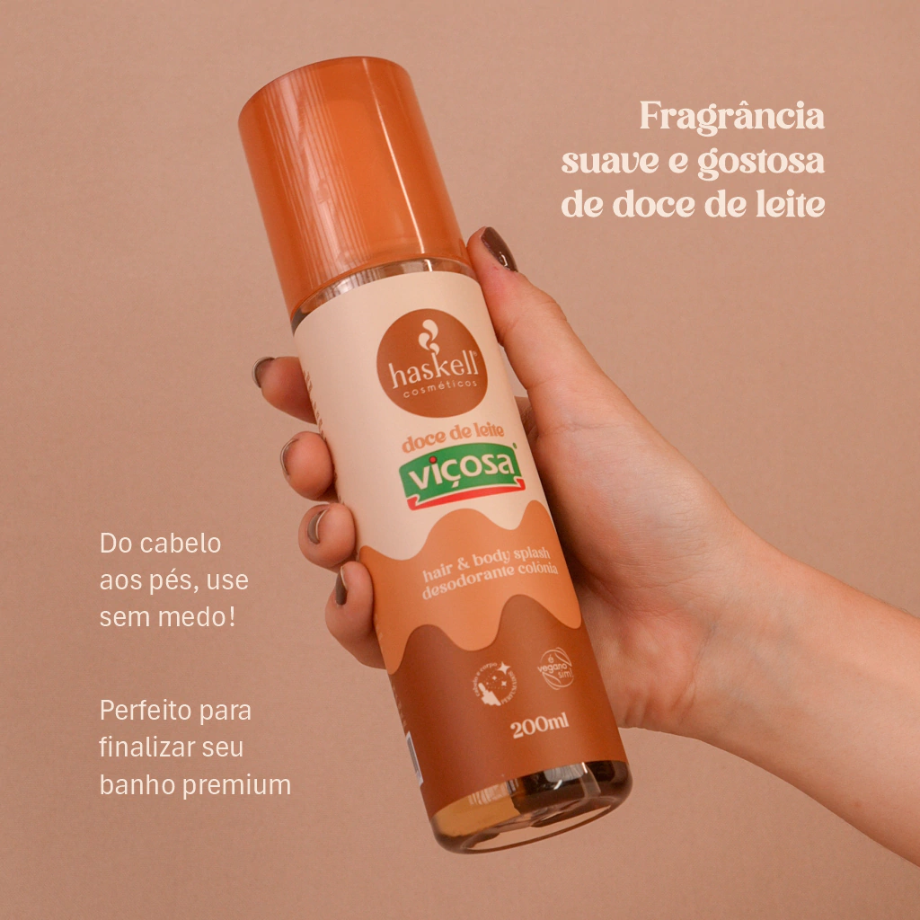 Frasco do Hair & Body Splash Haskell Viçosa de Doce de Leite, 200ml, na cor marrom e transparente.