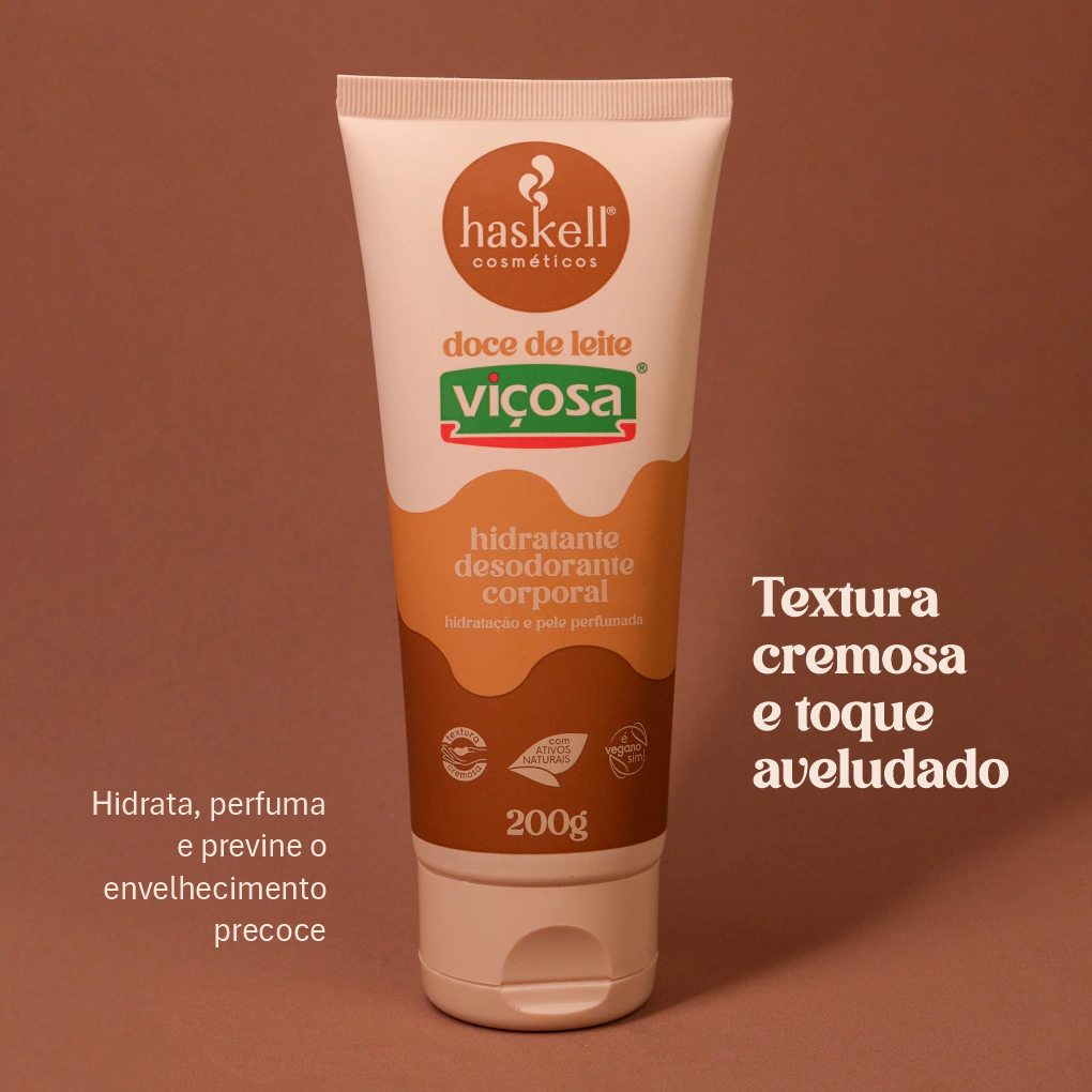 Frasco do Hidratante Corporal Haskell Viçosa de Doce de Leite, 200g, na cor marrom.