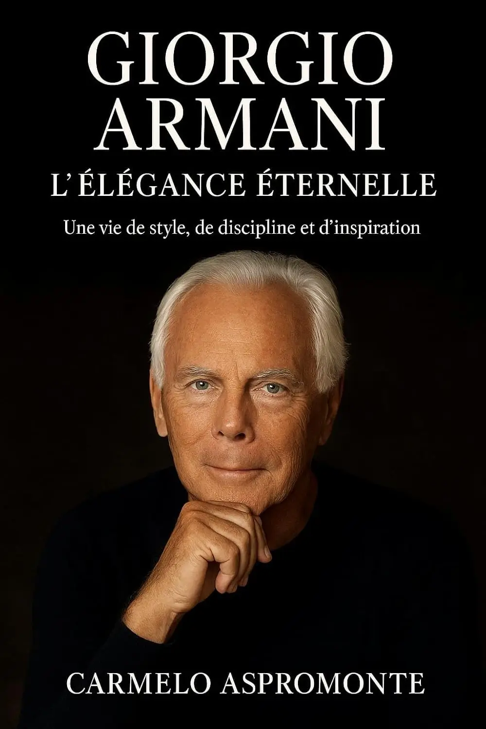 Capa do livro "Giorgio Armani – L'Élégance Éternelle", com retrato do estilista em pose contemplativa, fundo escuro e tipografia elegante.
