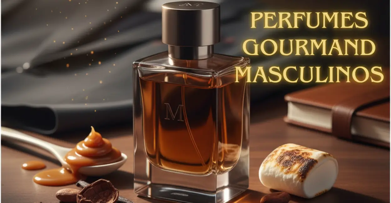 Perfume gourmand masculino em frasco âmbar com tampa metálica, rodeado por caramelo, marshmallow tostado, cacau e chocolate, transmitindo luxo e sofisticação