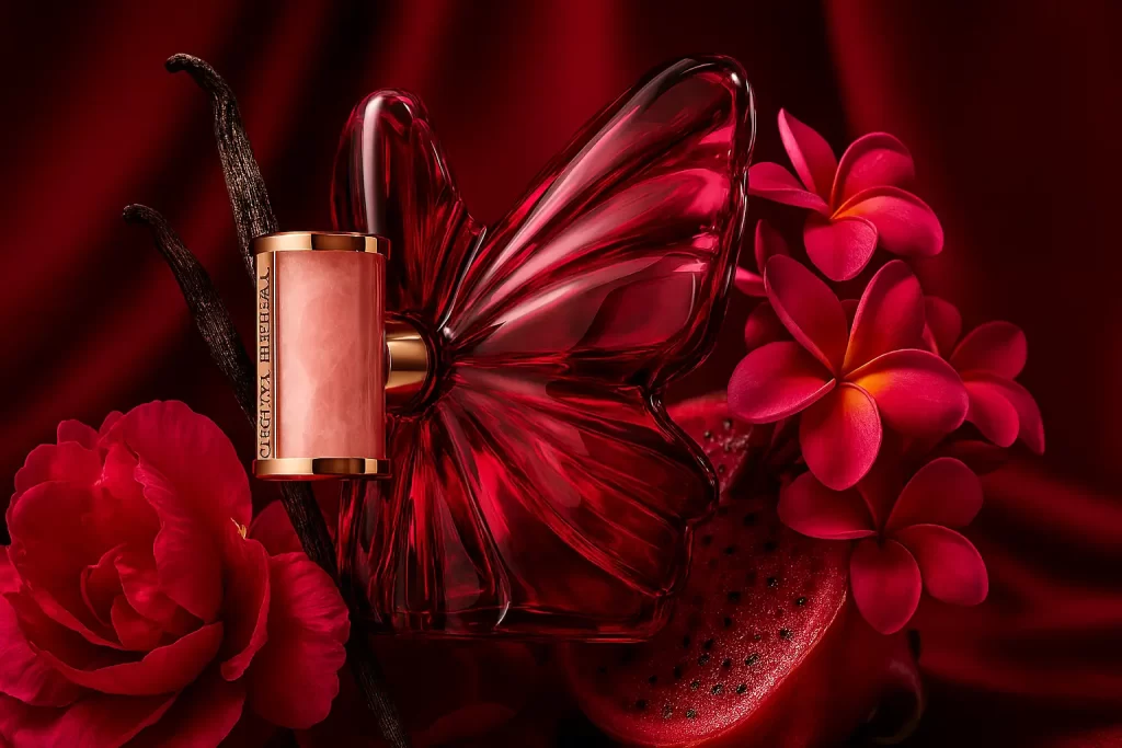 Frasco em formato de asa de borboleta do perfume La Bomba de Carolina Herrera, rodeado por flores vibrantes e frutas exóticas sobre fundo vermelho acetinado.
