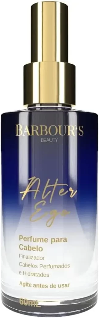 Frasco do perfume para cabelo Alter Ego da Barbour’s Beauty com design azul degradê e detalhes dourados, ideal para finalizar e perfumar os fios com sofisticação.