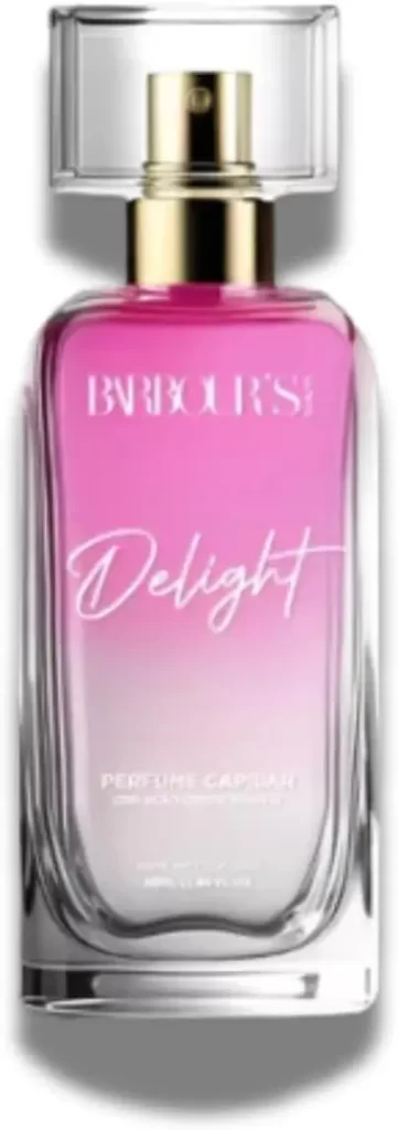 Perfume para cabelo Barbour’s Delight em frasco rosa degradê com notas olfativas frutadas de pêssego e framboesa, coração floral de jasmim e rosa, e fundo amadeirado suave de sândalo e almíscar.