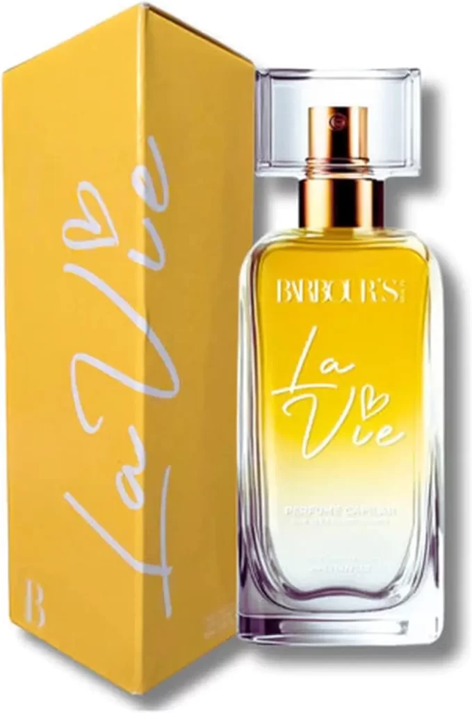 Perfume para cabelo La Vie by Barbour’s em frasco elegante dourado com caixa amarela vibrante.