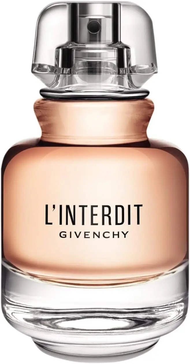 Perfume para cabelo L’Interdit Givenchy em frasco elegante de vidro transparente com tampa sofisticada.