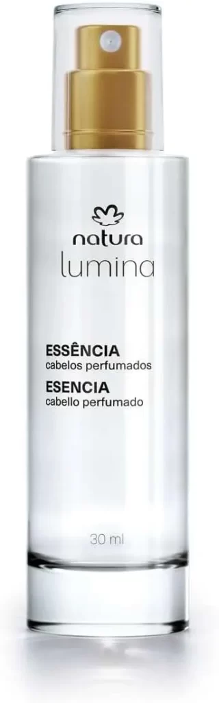 Natura Lumina Essência Cabelos Perfumados com spray dourado e design minimalista, ideal para perfumar os fios com leveza e sofisticação.