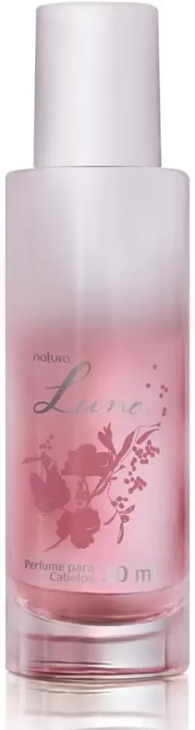 Frasco rosa do perfume para cabelo Natura Luna com design floral delicado, ideal para perfumar os fios com feminilidade e frescor.