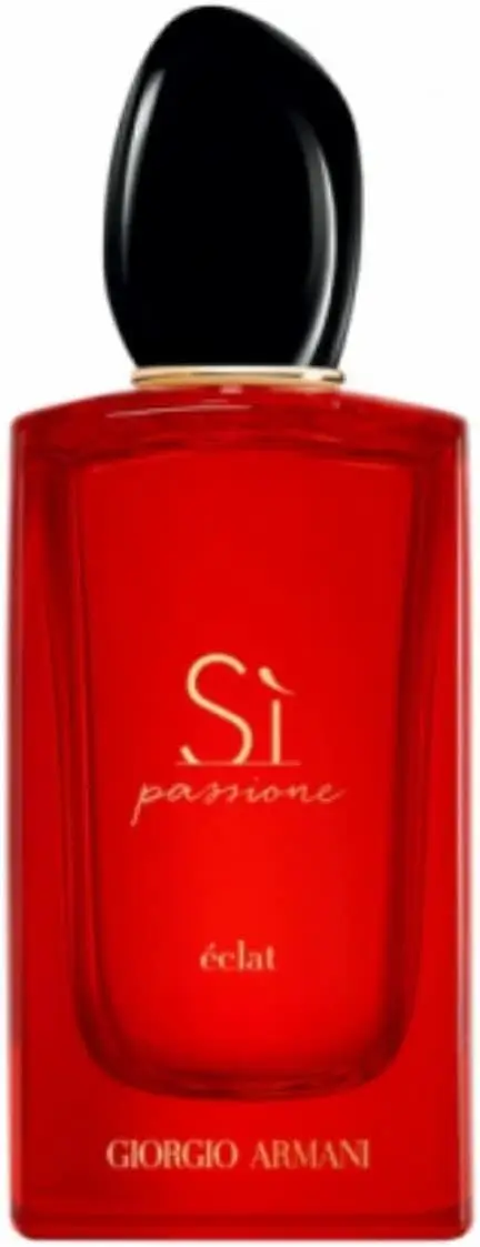 Frasco vermelho vibrante do perfume Sì Passione Éclat da Giorgio Armani com tampa preta arredondada, refletindo uma fragrância feminina luminosa e sofisticada.