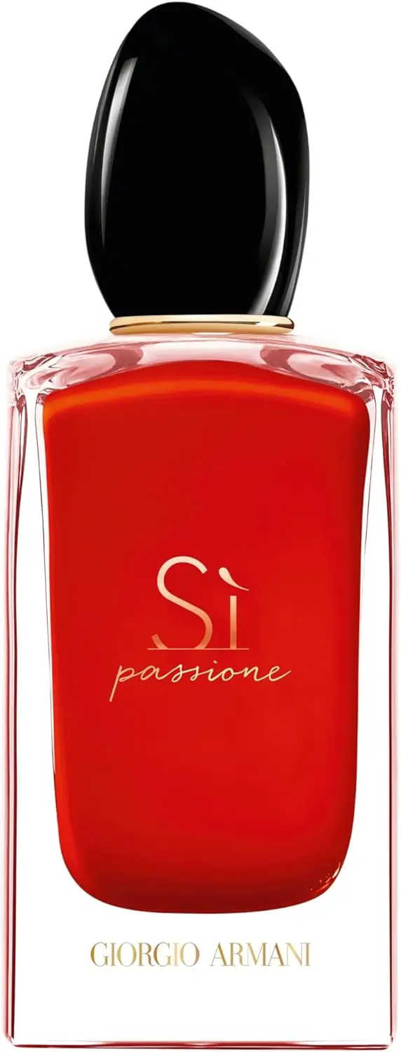 Frasco vermelho vibrante do perfume Sì Passione da Giorgio Armani com tampa preta arredondada, representando uma fragrância feminina intensa e sofisticada.