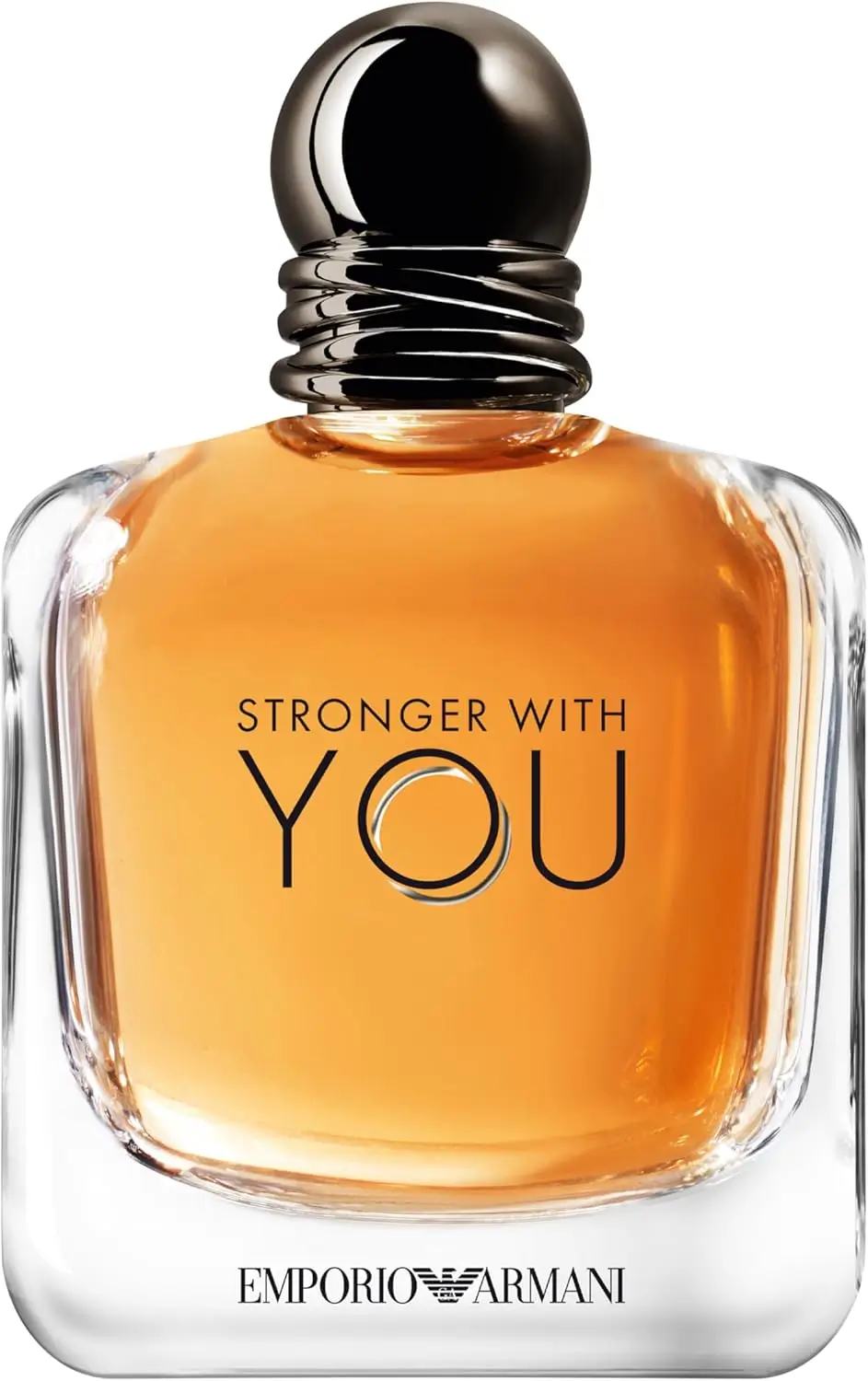 Frasco do perfume Stronger With You da Emporio Armani com líquido âmbar e design sofisticado, ideal para destacar fragrâncias masculinas intensas e envolventes.