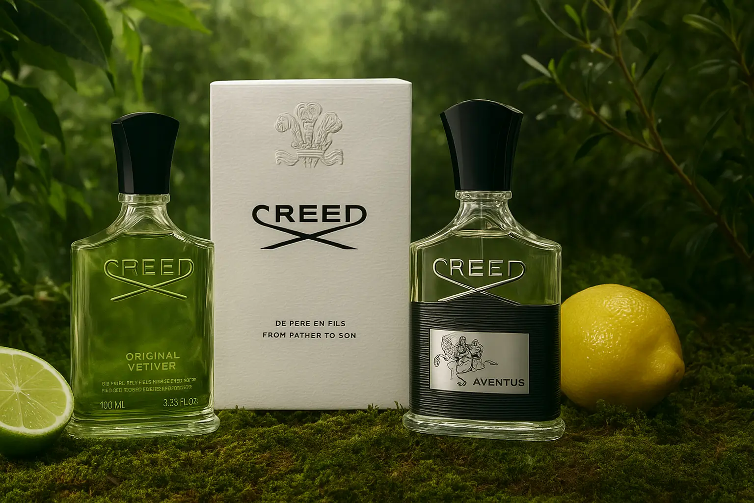 Frascos de perfumes Creed em cenário natural com elementos cítricos, verdes e amadeirados que remetem ao frescor da marca.