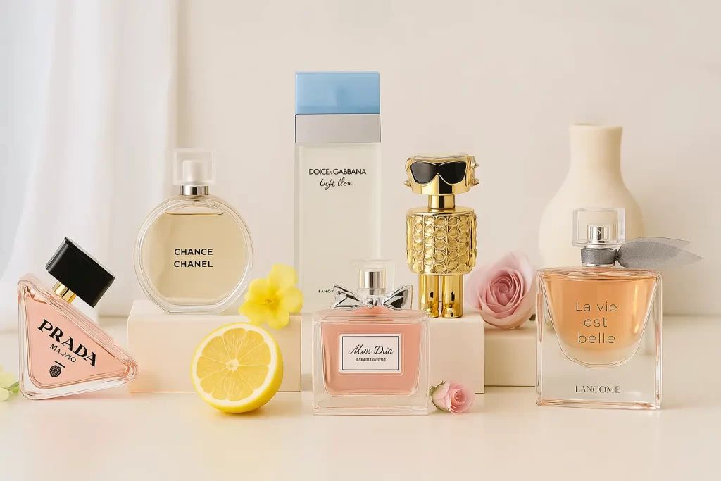 Frascos dos seis perfumes femininos favoritos de 2025 dispostos lado a lado em cenário iluminado e elegante, com fundo claro e elementos florais.