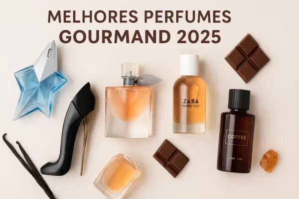 Flat lay com frascos de perfumes gourmand, incluindo notas visuais de chocolate, baunilha e café, sobre fundo neutro com destaque para o texto “Melhores Perfumes Gourmand 2025”.