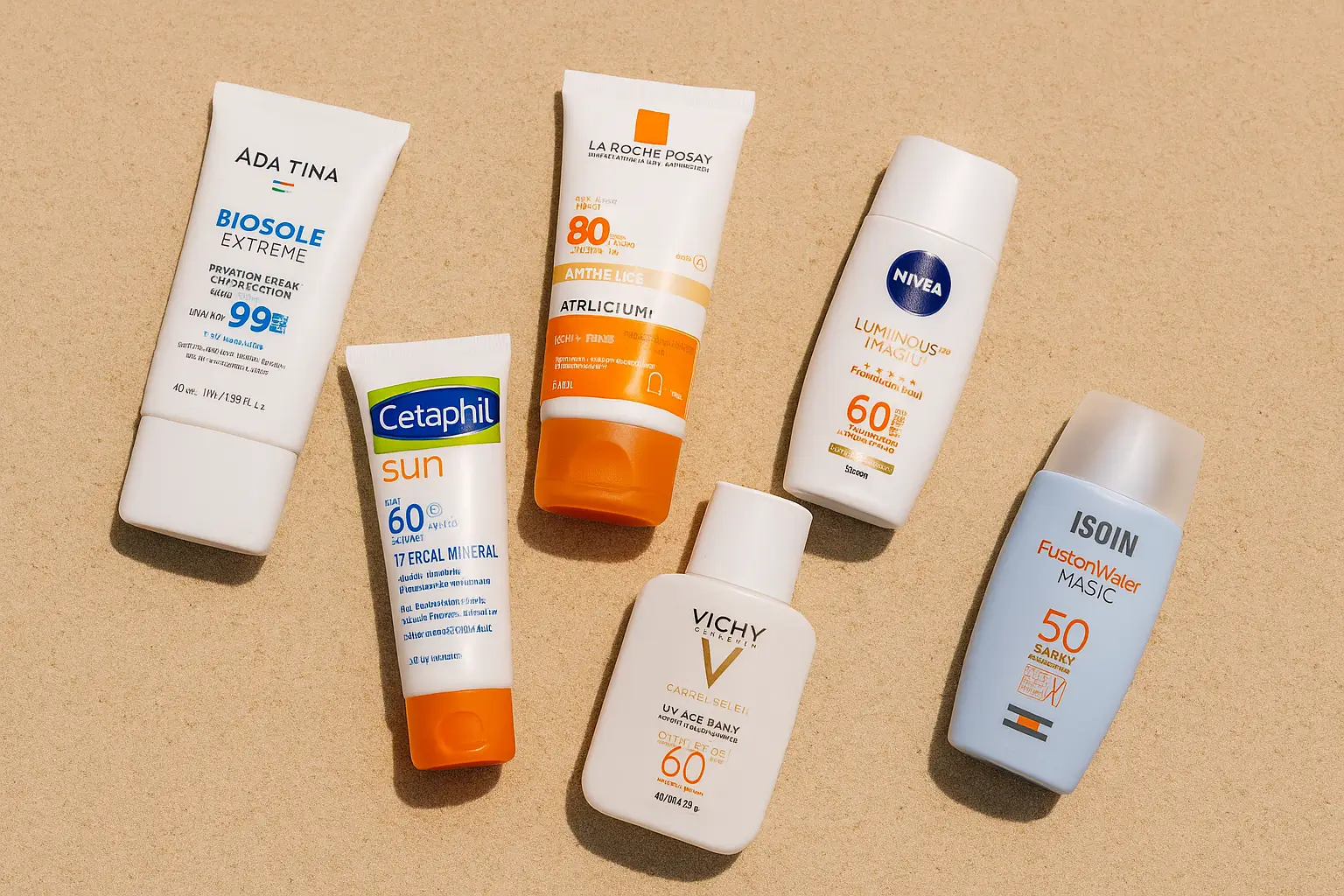 Protetor solar para pele sensível em destaque, com diferentes embalagens sobre fundo neutro.