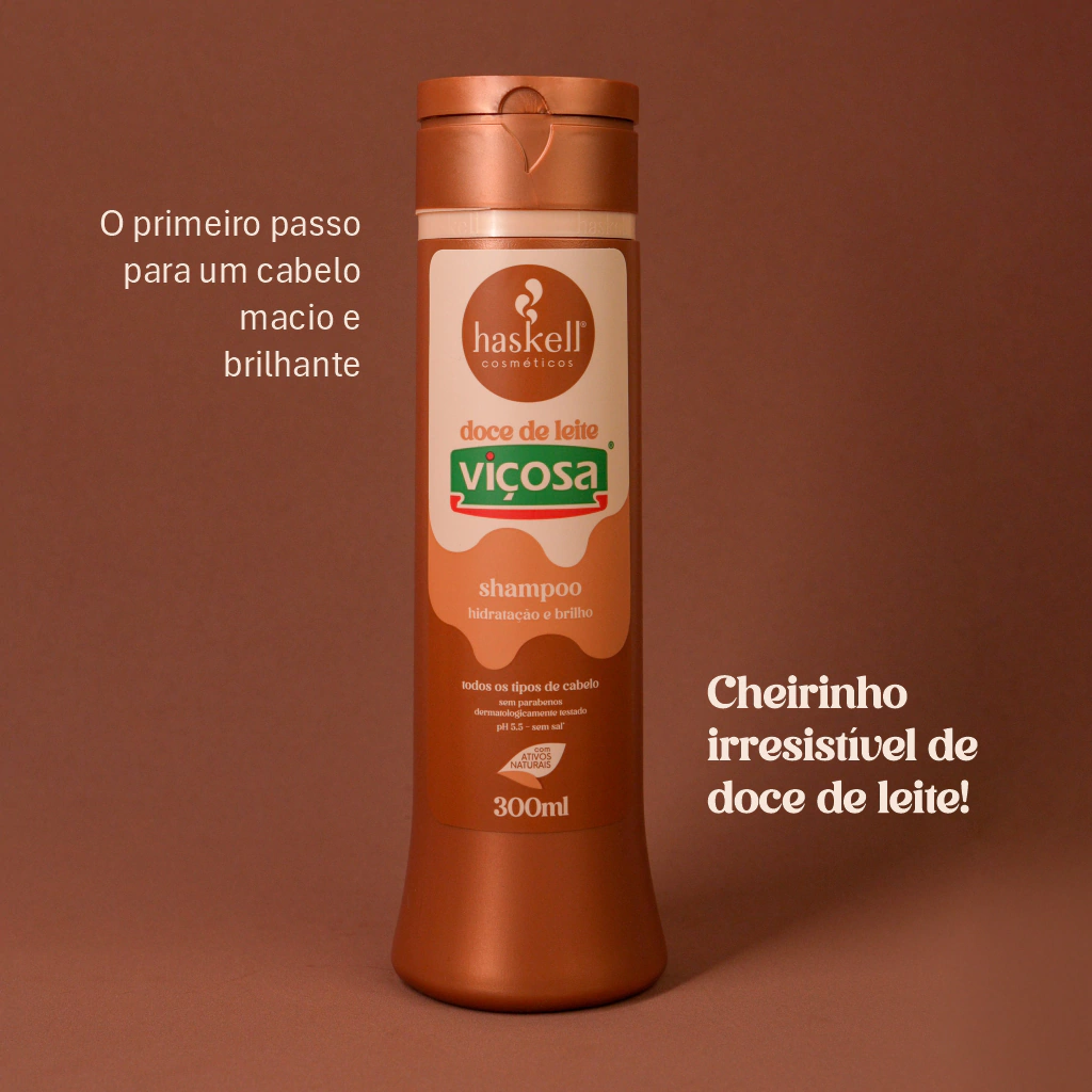 Frasco do shampoo Haskell Viçosa de Doce de Leite, na cor marrom, com texto sobre hidratação e brilho.