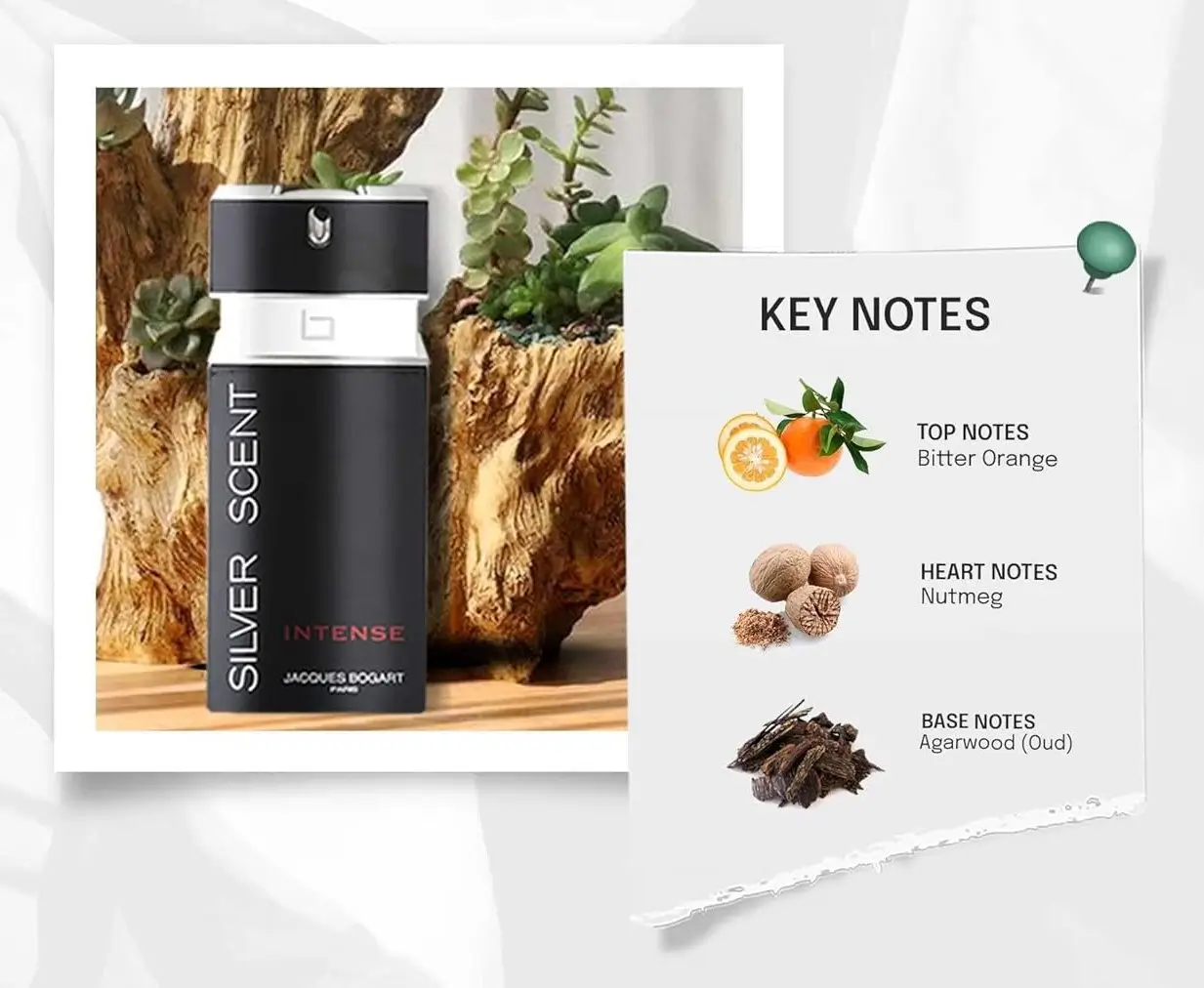 Frasco do perfume Silver Scent Intense com notas principais: laranja amarga, noz-moscada e oud.