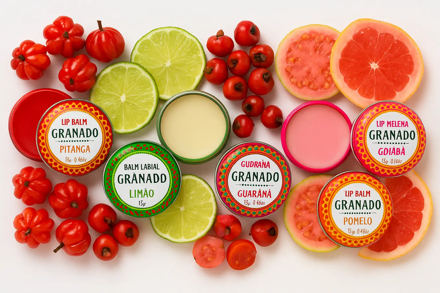 Todos os sabores do balm labial Granado com suas respectivas frutas: pitanga, limão, guaraná, goiaba, pomelo e tangerina.