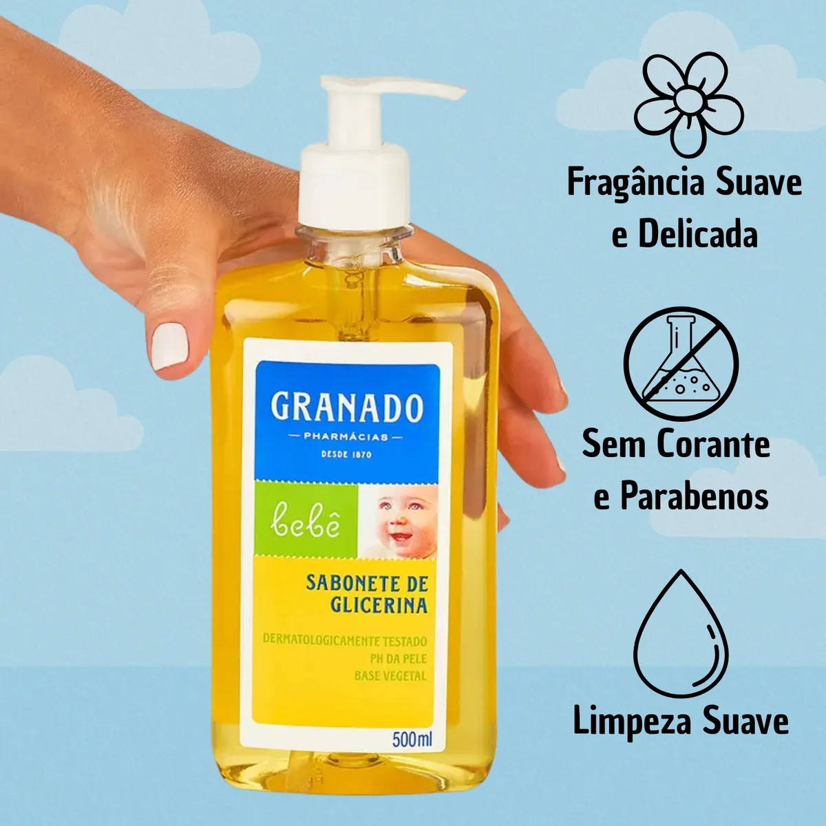 Sabonete líquido Granado Bebê Glicerinado em embalagem transparente e branca, ideal para limpeza suave da pele infantil.