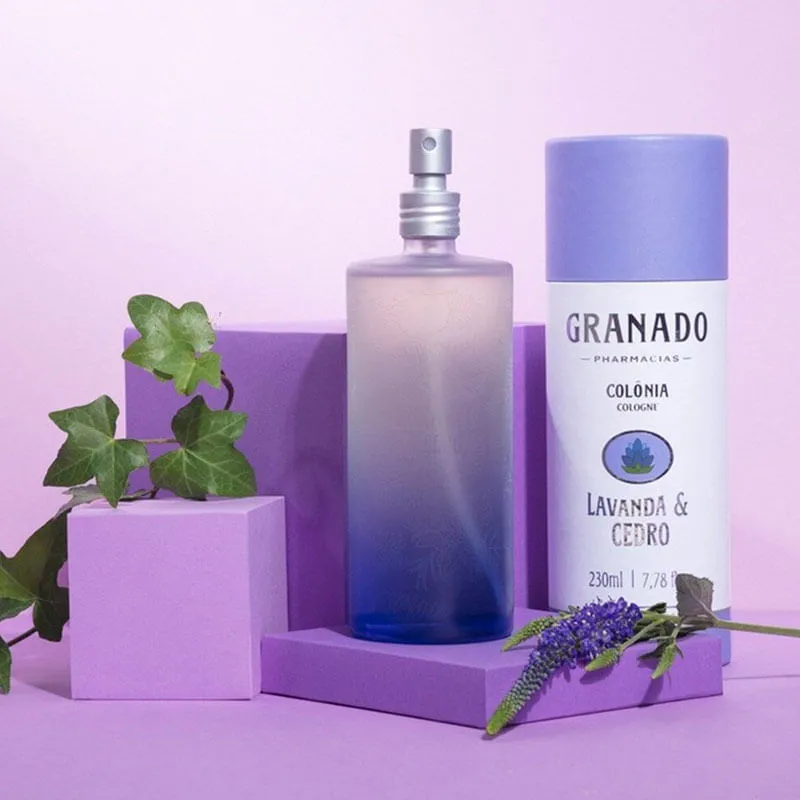 Frasco da colônia Granado Terrapeutics Lavanda & Cedro, com rótulo em tons de lilás, representando sua fragrância herbal e calmante.