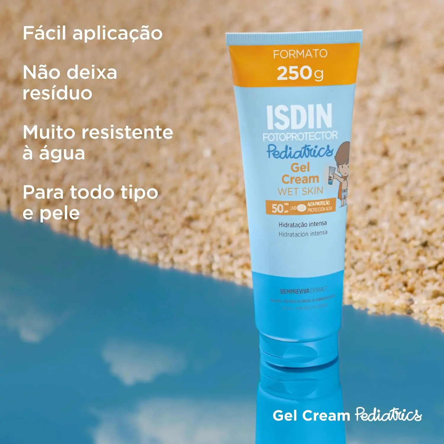 Protetor solar infantil ISDIN Gel Cream Pediatrics FPS 50, embalagem branca e azul, ideal para hidratar e proteger a pele das crianças.