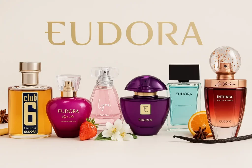 melhores perfumes Eudora — seis frascos (Club 6 Exclusive, Kiss Me Rosa Marcante, Lyra, Eudora Roxo, H Acqua e La Victorie Intense) em fundo claro com a logomarca Eudora ao fundo