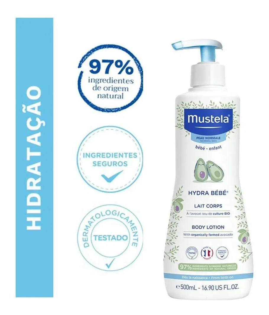 Hidratante facial e corporal Mustela Hydra Bébé em embalagem azul e branca, indicado para uso infantil.