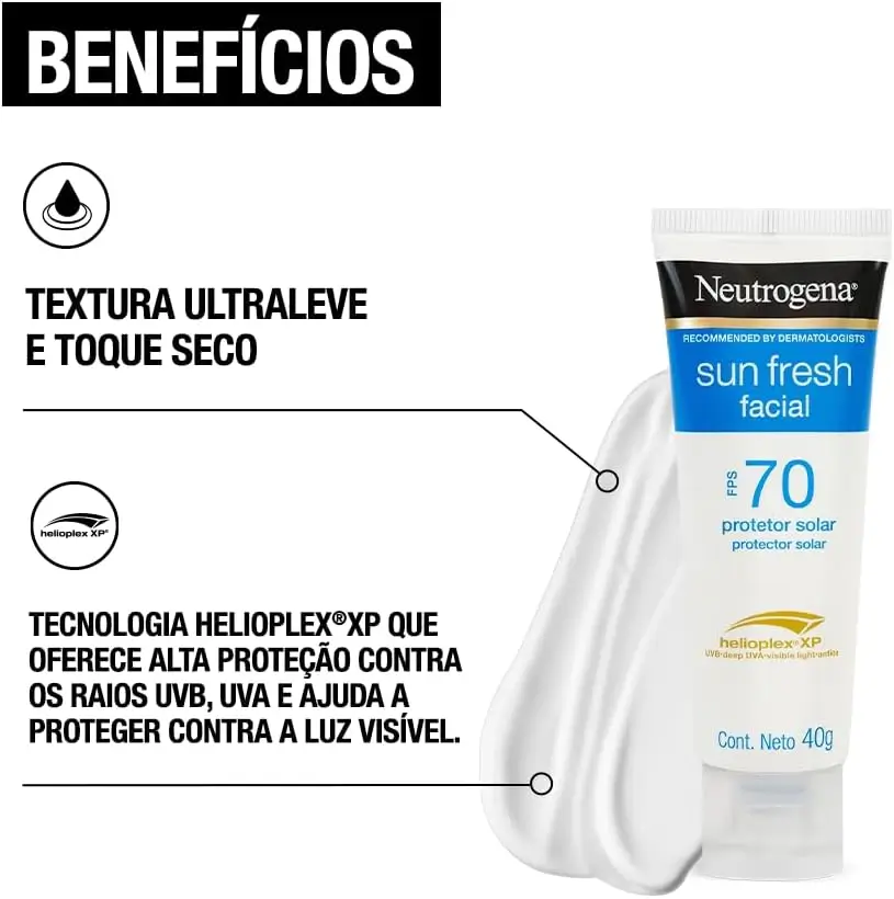 Protetor solar facial Neutrogena Sun Fresh FPS 60 com textura leve e efeito matte.