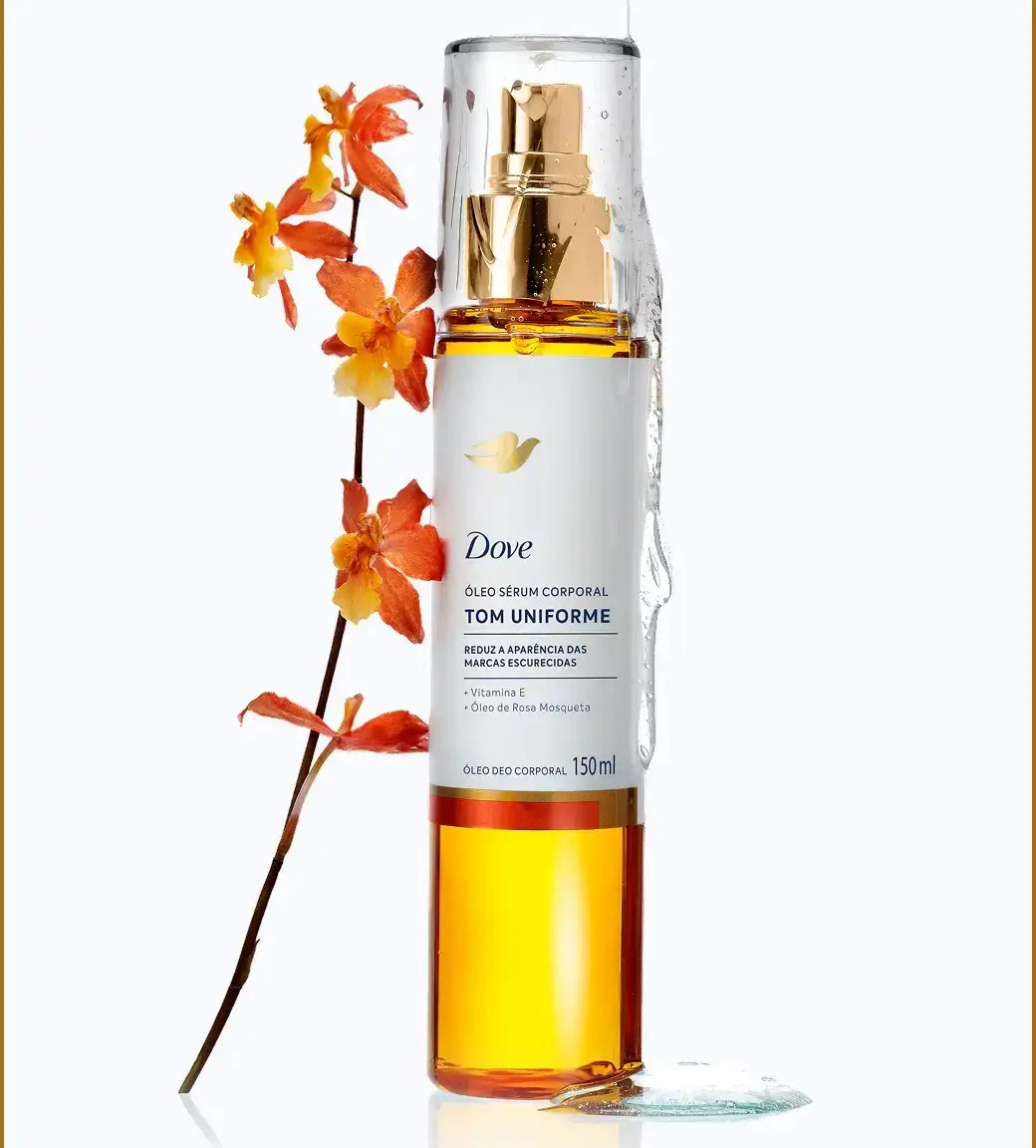 Óleo sérum corporal Dove Tom Uniforme 150 ml, com flor laranja e gota d’água ao lado do frasco.