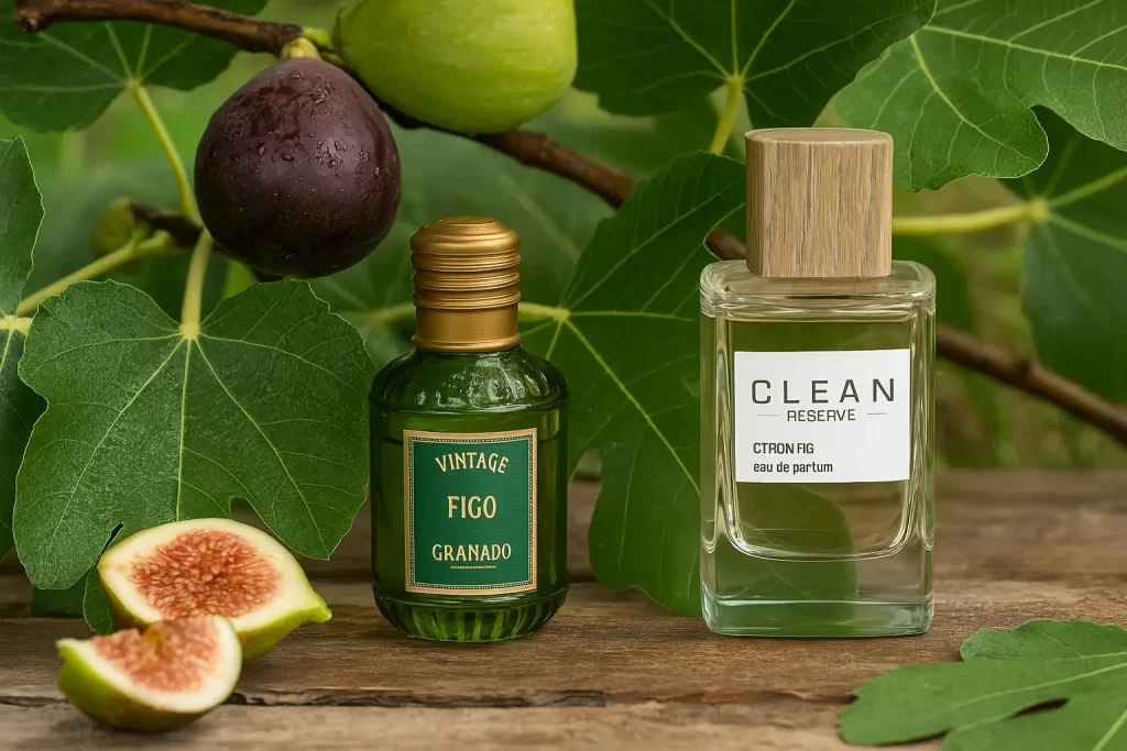Cena natural com frascos de perfume ao lado de um pé de figos, representando a tendência de Perfume Gourmand Moderno.