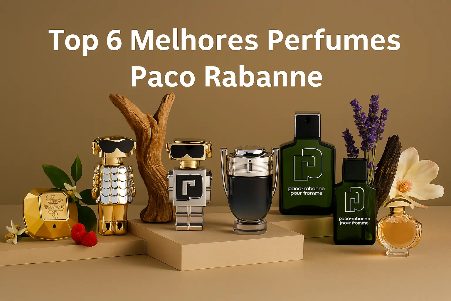Frascos originais dos perfumes Paco Rabanne em cenário 3D elegante com elementos das fragrâncias.