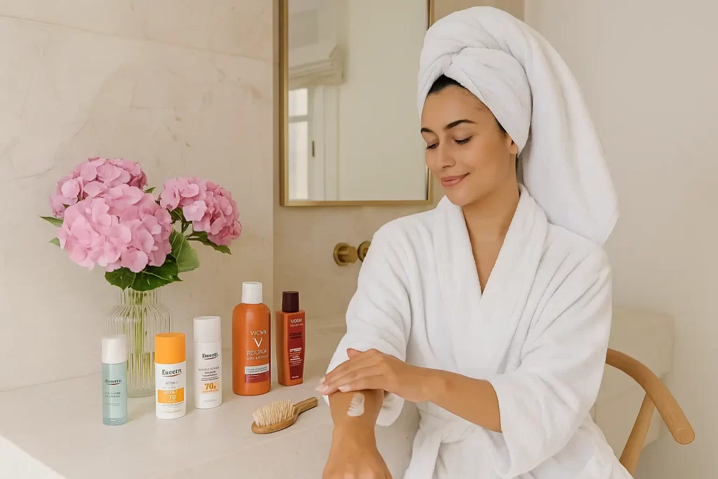 Mulher com toalha na cabeça e roupão aplica creme nos braços em um banheiro elegante, com produtos Eucerin, Vichy e Daily Profuse sobre a bancada ao lado de um vaso com hortênsias rosas.