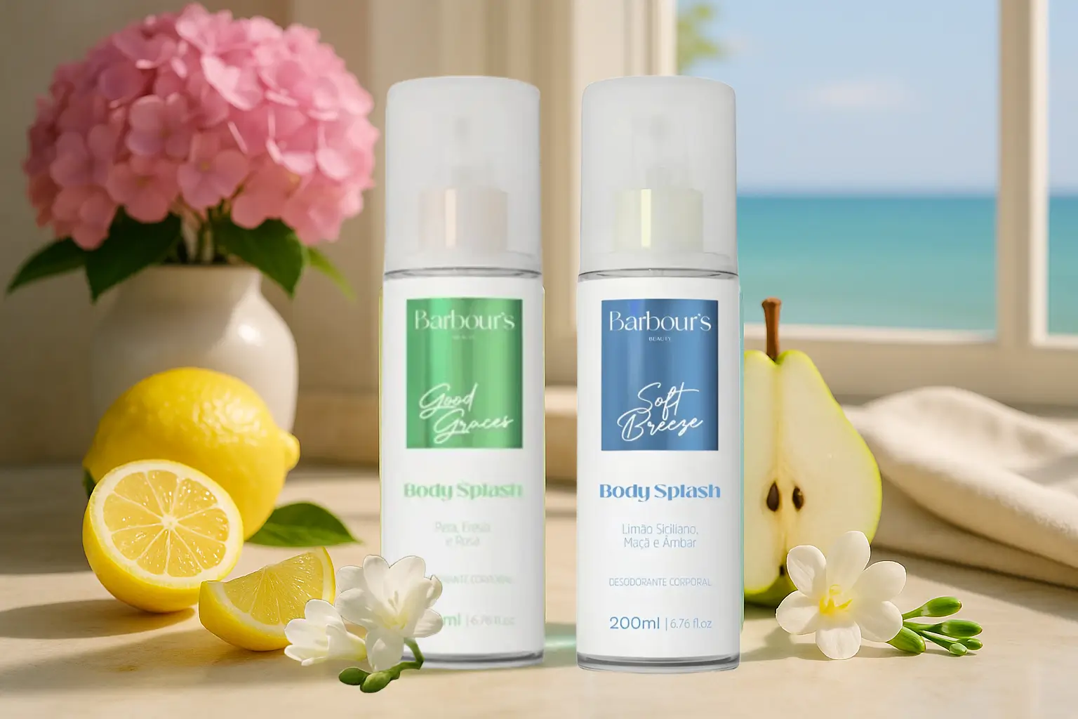 barbours beauty body splash Good Graces e Soft Breeze sobre bancada de mármore, com limão siciliano, pêra, frésias e janela para o mar.