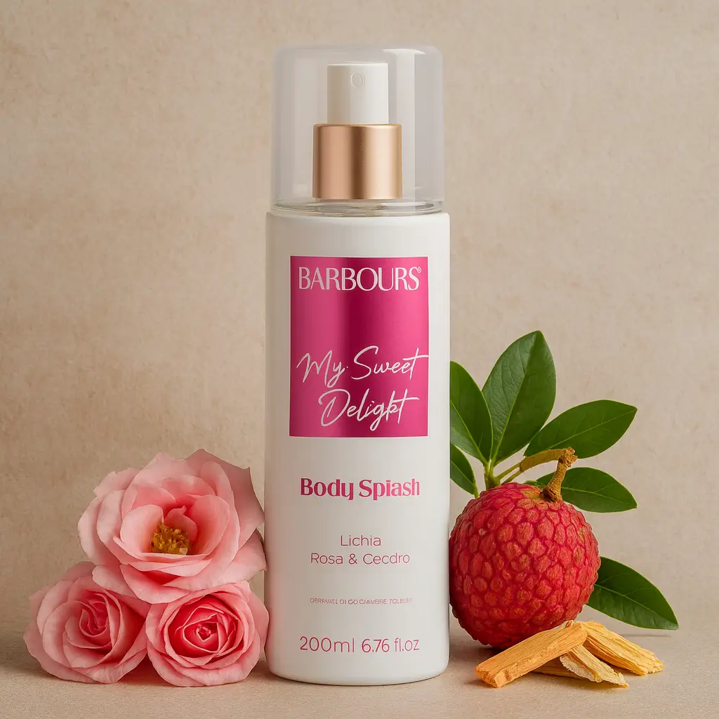Body Splash Barbours My Sweet Delight com lichia, rosas e cedro ao fundo