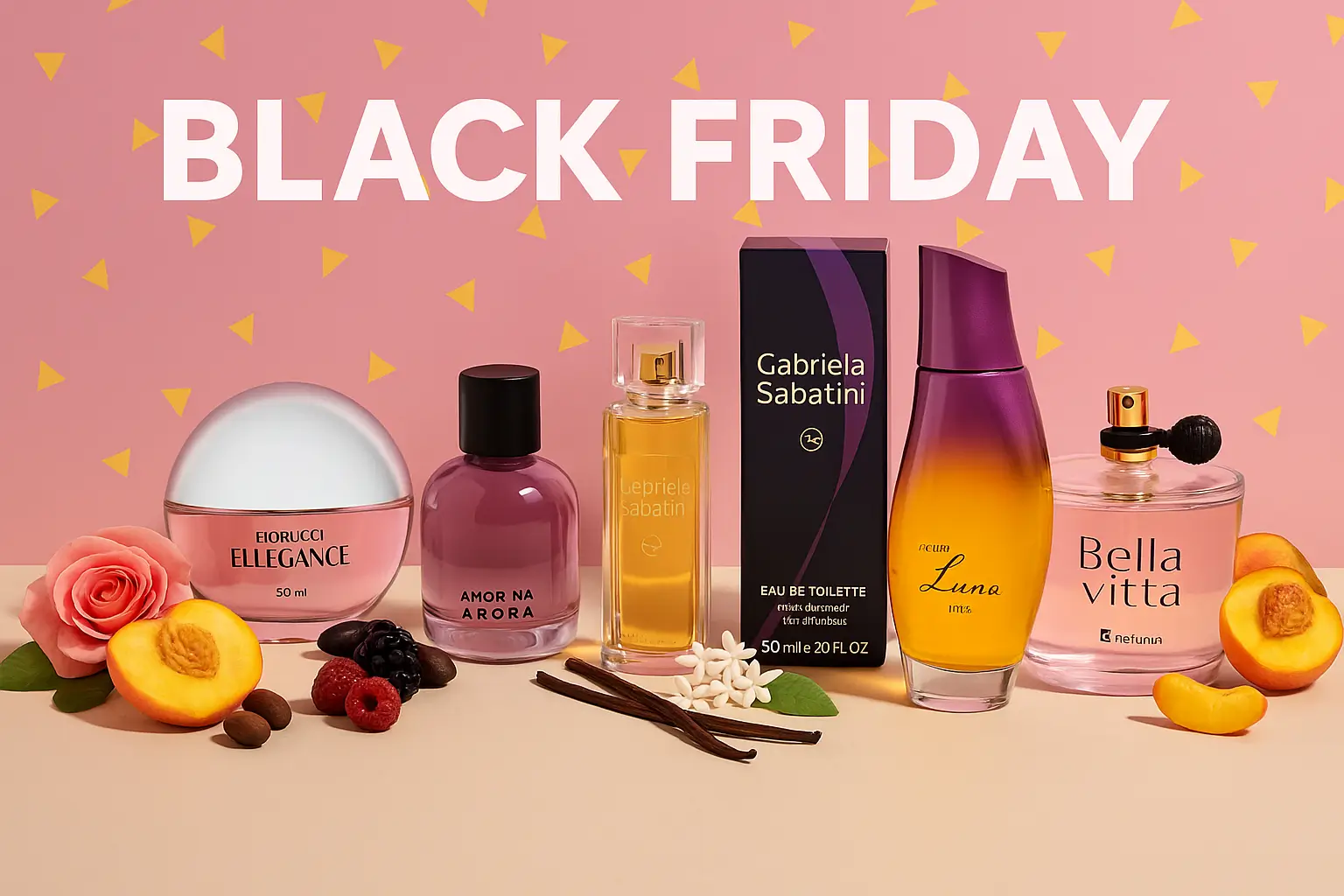 Cinco perfumes femininos em promoção na Black Friday da Amazon, dispostos sobre bancada decorada com elementos das fragrâncias e cenário festivo.