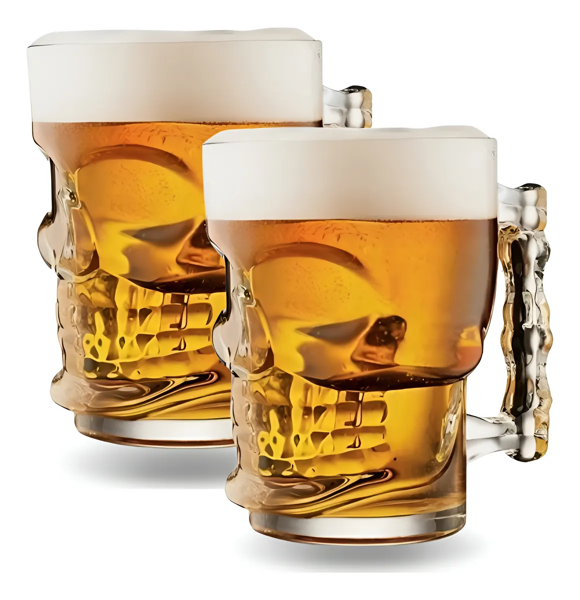 kit com duas canecas de chopp caveira em vidro cheias de cerveja, presente para homens no amigo secreto