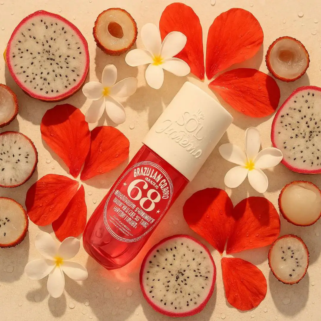Frasco do body mist Sol de Janeiro Brazilian Crush Cheirosa 68 deitado sobre fundo bege, cercado por pitaya fatiada, pétalas vermelhas e flores brancas.
