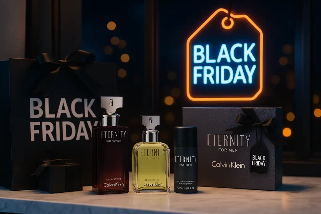 Imagem horizontal 1536×1024 com os frascos originais de Calvin Klein Eternity: Amber Essence for Women (50 ml e 100 ml), Eternity for Men EDT 100 ml e Kit Eternity for Men (EDT 100 ml + Deo 150 ml), em cenário elegante com destaque para “Black Friday Amazon”.