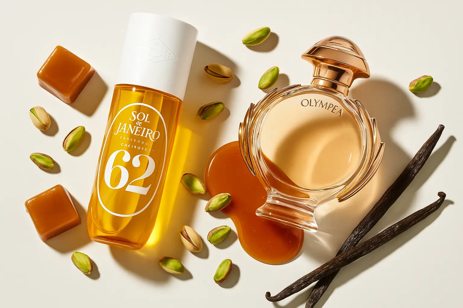 frascos Sol de Janeiro Cheirosa 62 e Olympea lado a lado, cercados por pistaches, caramelo salgado e favas de baunilha — conceito de gourmand salgado moderno